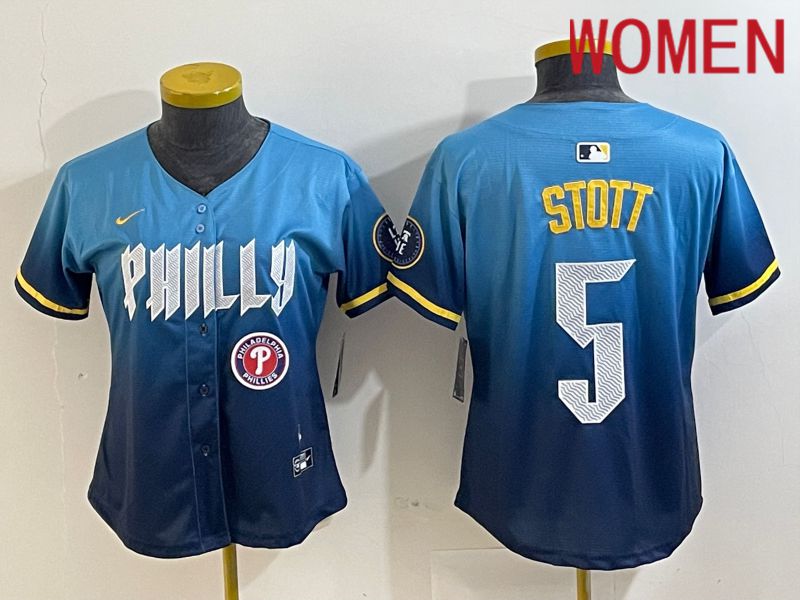 Women Philadelphia Phillies 5 Stott Blue City Edition Nike 2024 MLB Jersey style 5